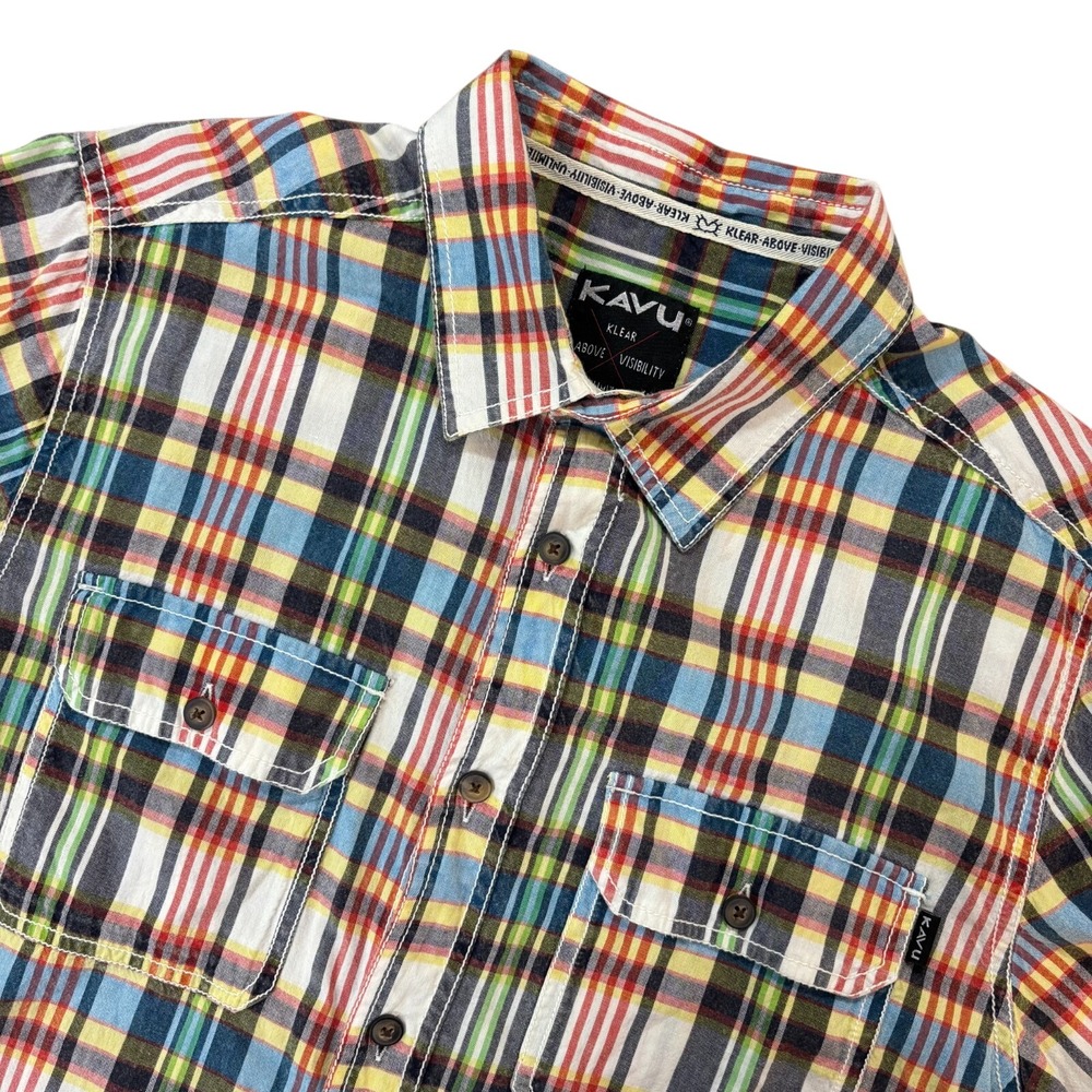 KAVU Button Up Shirt Mens Medium Short Sleeve Plaid Outdoor Casual Cotton‎